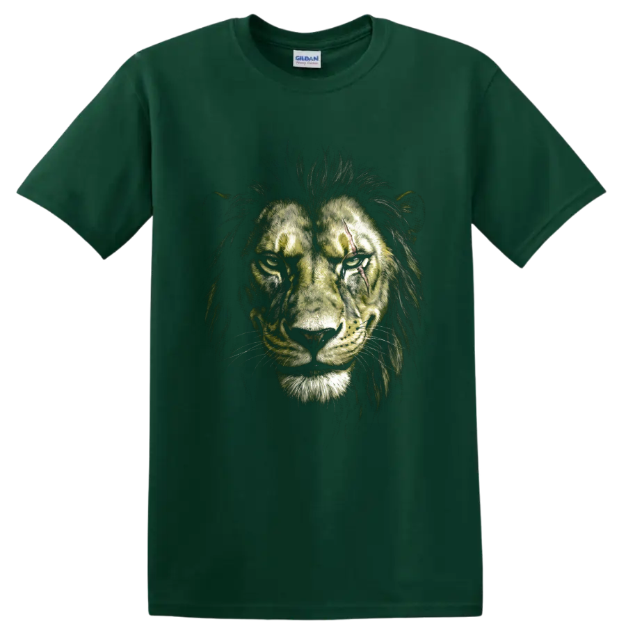 Scar from The Lion King as a dramatic scarred lion portrait on a Forest Green T Shirt