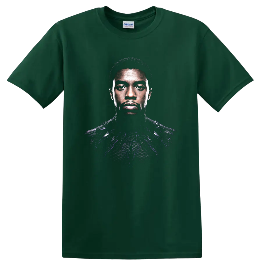 Black Panther armored portrait graphic with purple accents on a Forest Green T Shirt