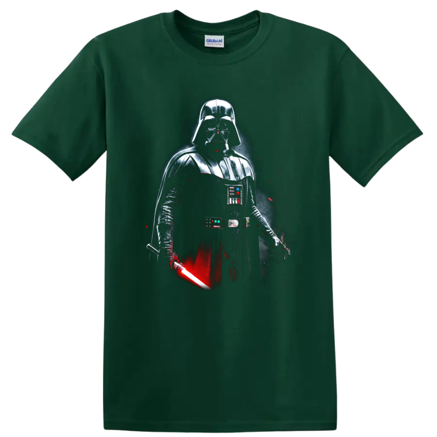 Darth Vader in dark armor with a glowing red lightsaber graphic on a Forest Green T Shirt