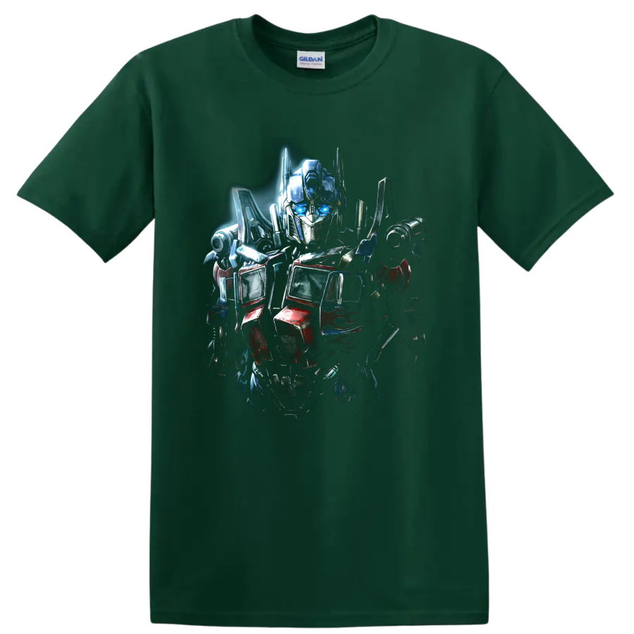 Optimus Prime Transformers robot graphic with red blue and silver armor on a Forest Green T Shirt
