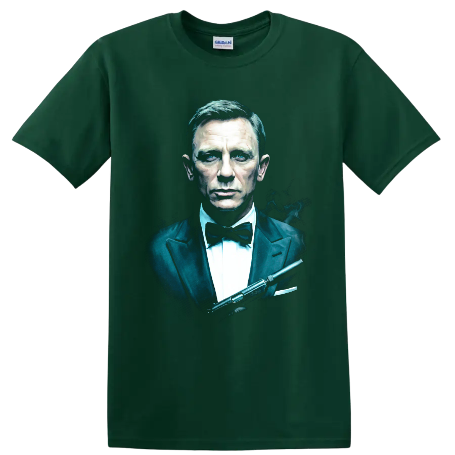 James Bond Spectre tuxedo portrait with silenced pistol graphic on a Forest Green T Shirt