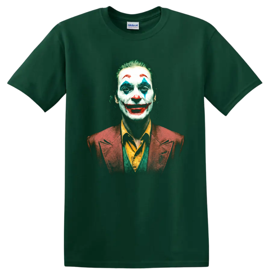 Arthur Fleck Joker close-up portrait with colorful clown makeup graphic on a Forest Green T Shirt