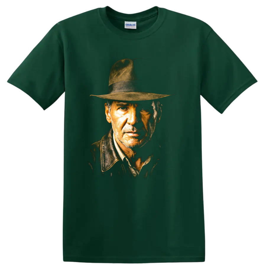 Indiana Jones vintage cinematic portrait wearing a fedora on a Forest Green T Shirt