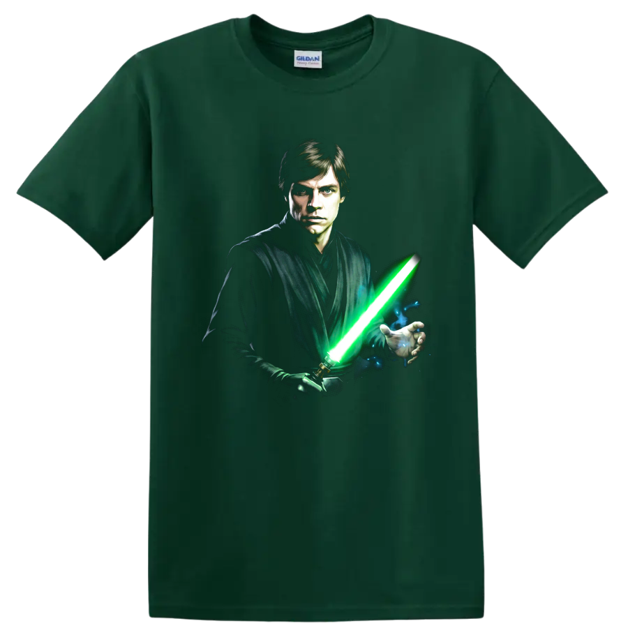 Luke Skywalker Jedi portrait with glowing green lightsaber graphic on a Forest Green T Shirt