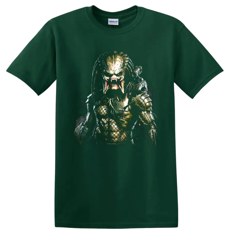 Predator alien hunter graphic print with armor and fangs on a Forest Green T Shirt