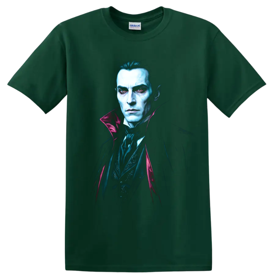 Bela Lugosi as Dracula in a gothic vampire portrait with red eyes on a Forest Green T Shirt