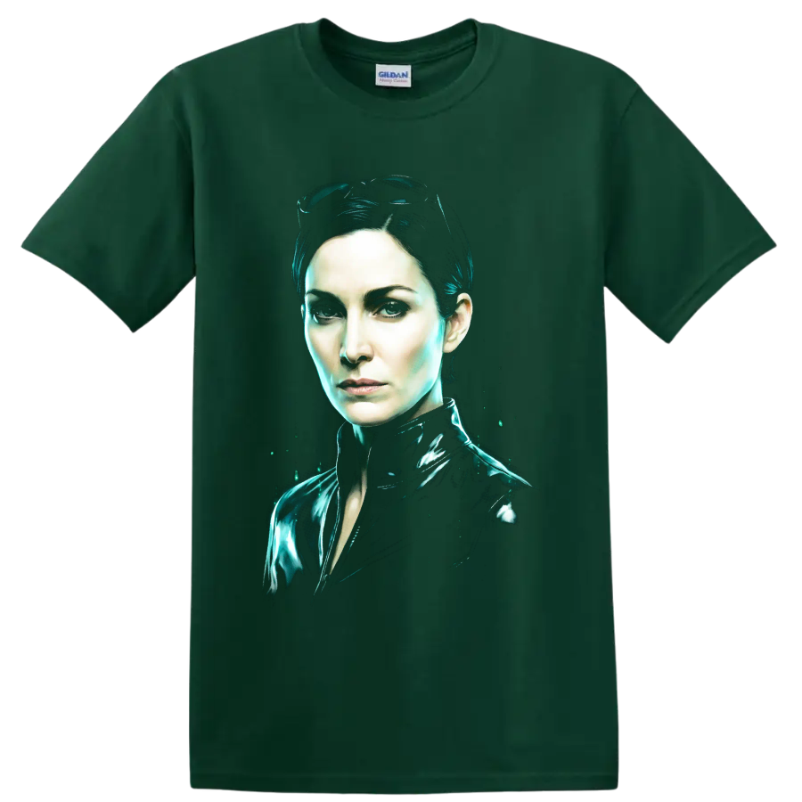 Trinity from The Matrix neon cyberpunk portrait on a Forest Green T Shirt