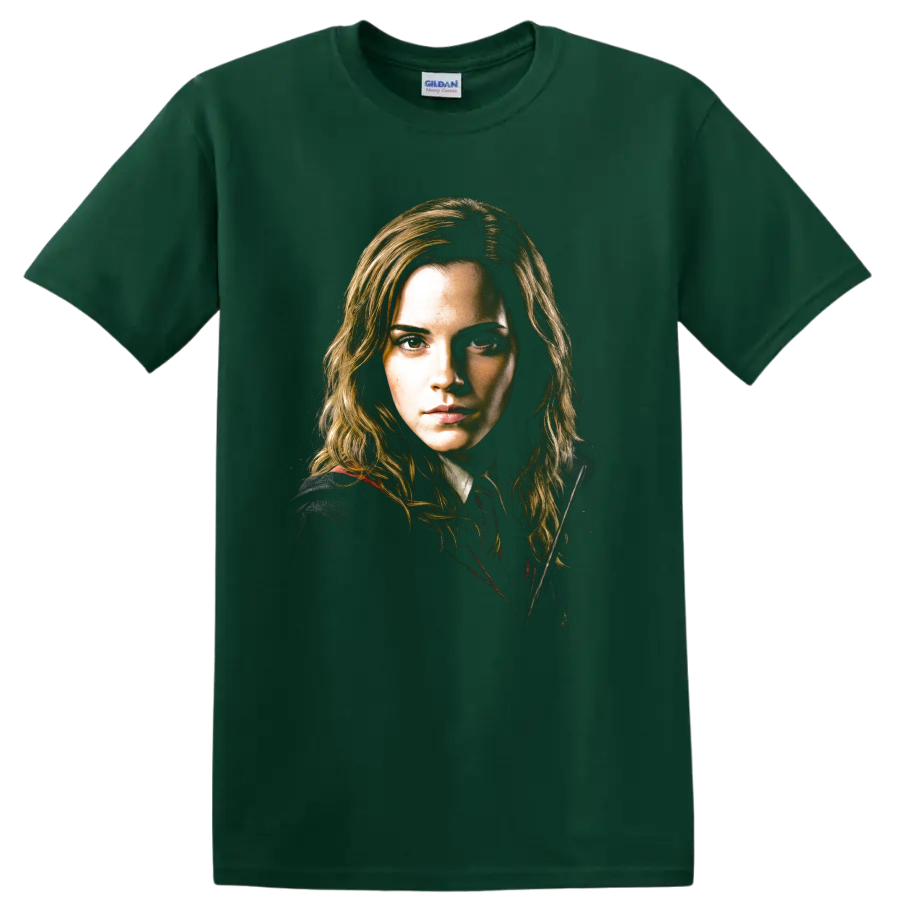 Hermione Granger Harry Potter portrait graphic print on a Forest Green T Shirt