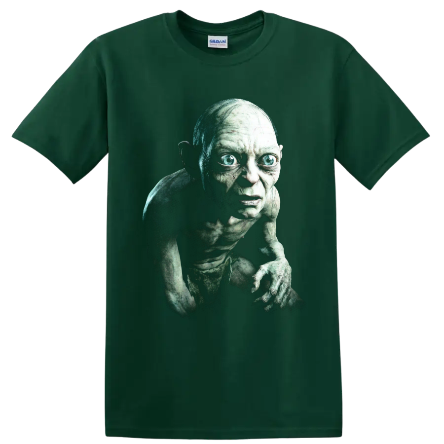 Gollum crouching dark fantasy character graphic print on a Forest Green T Shirt