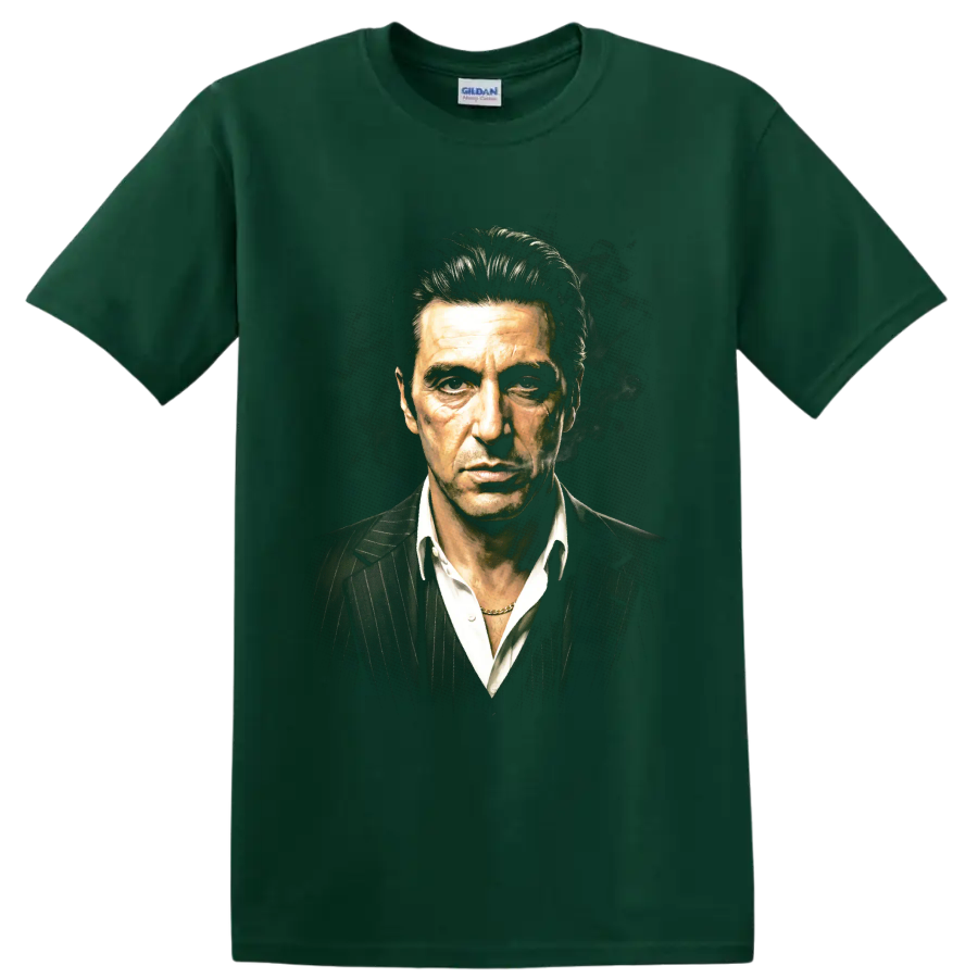 Michael Corleone portrait in a pinstripe suit with smoky cinematic styling on a Forest Green T Shirt