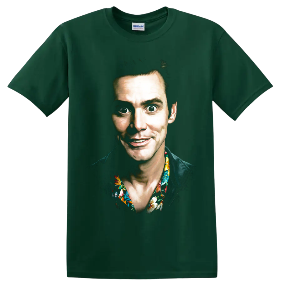 Ace Ventura character portrait graphic print with tropical floral collar on a Forest Green T Shirt