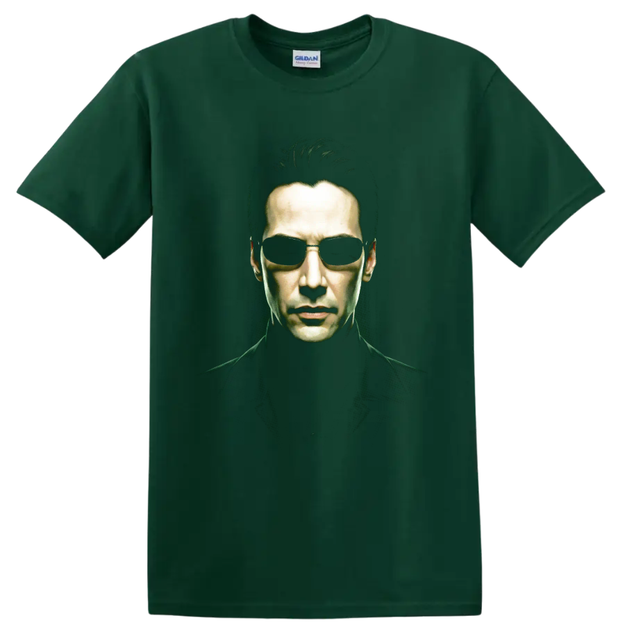 Neo from The Matrix in sunglasses, dramatic green-lit cyberpunk portrait on a Forest Green T Shirt