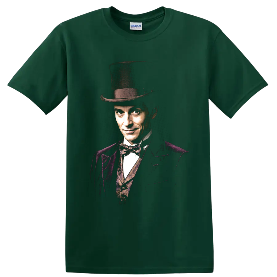 Robert Angier The Prestige magician portrait with top hat on a Forest Green T Shirt