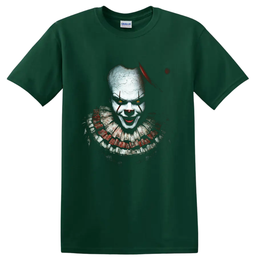 Pennywise horror clown portrait with cracked makeup and glowing eyes on a Forest Green T Shirt