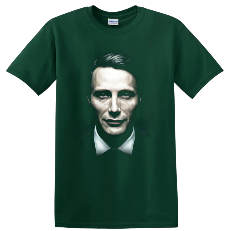 Hannibal Lecter dark painted portrait graphic print on a Forest Green T Shirt