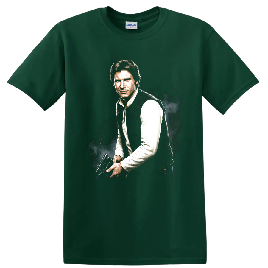 Han Solo Star Wars character portrait with blaster, cinematic graphic art on a Forest Green T Shirt