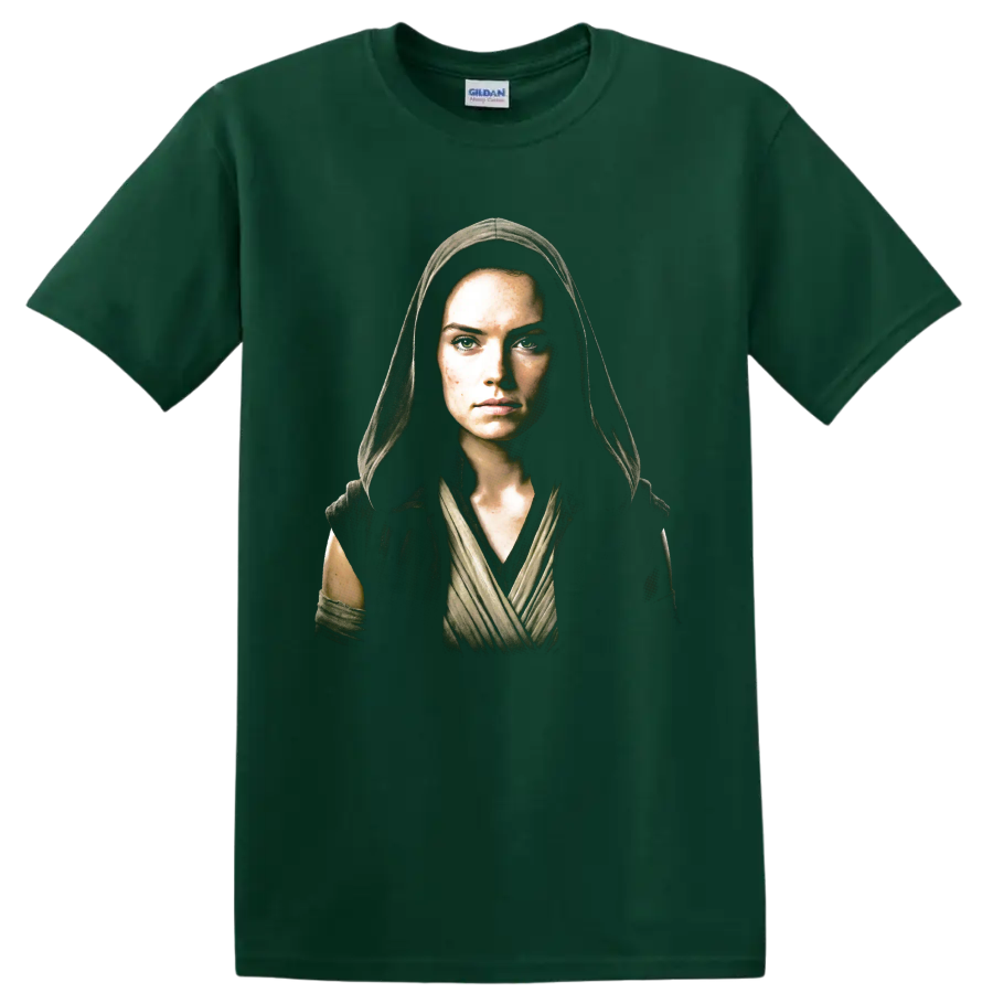Rey Skywalker hooded Star Wars movie portrait graphic on a Forest Green T Shirt