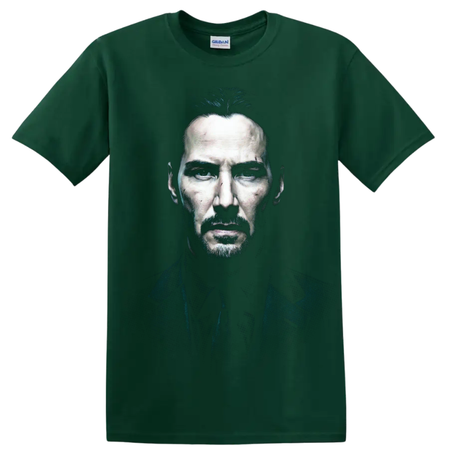 John Wick Keanu Reeves dark cinematic portrait graphic print on a Forest Green T Shirt