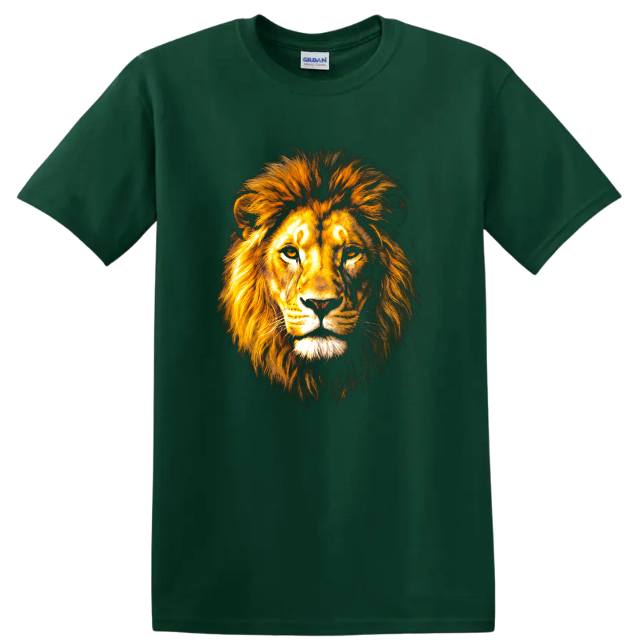 Mufasa lion portrait graphic print with a flowing golden mane on a Forest Green T Shirt