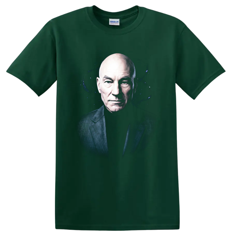 Patrick Stewart portrait with a dark cosmic blue galaxy graphic background on a Forest Green T Shirt