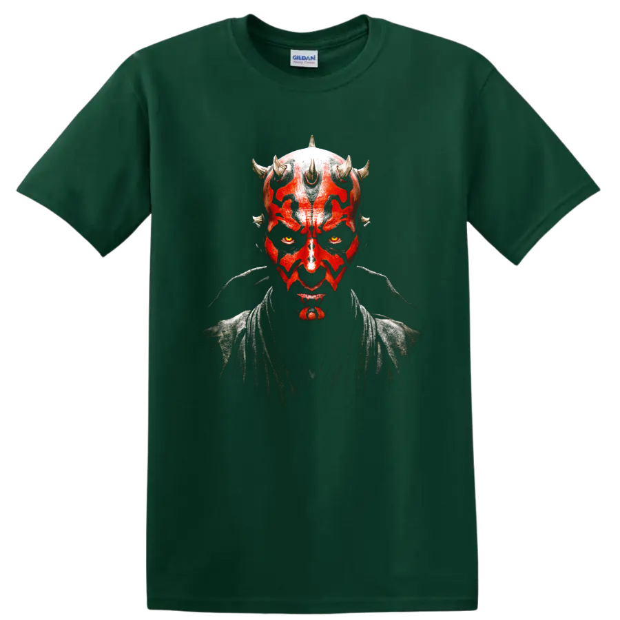 Darth Maul portrait with red and black face paint graphic on a Forest Green T Shirt