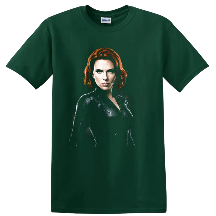 Natasha Romanoff Black Widow dramatic red-haired spy portrait graphic on a Forest Green T Shirt