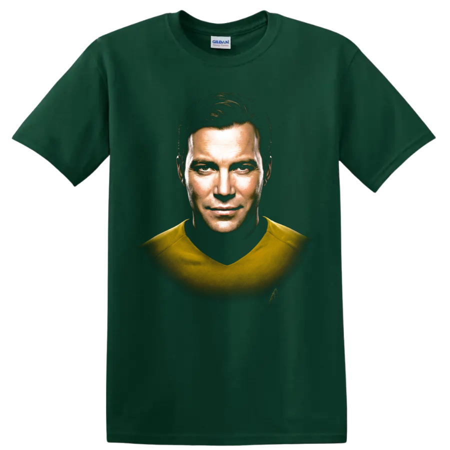 James T. Kirk Star Trek captain portrait graphic on a Forest Green T Shirt