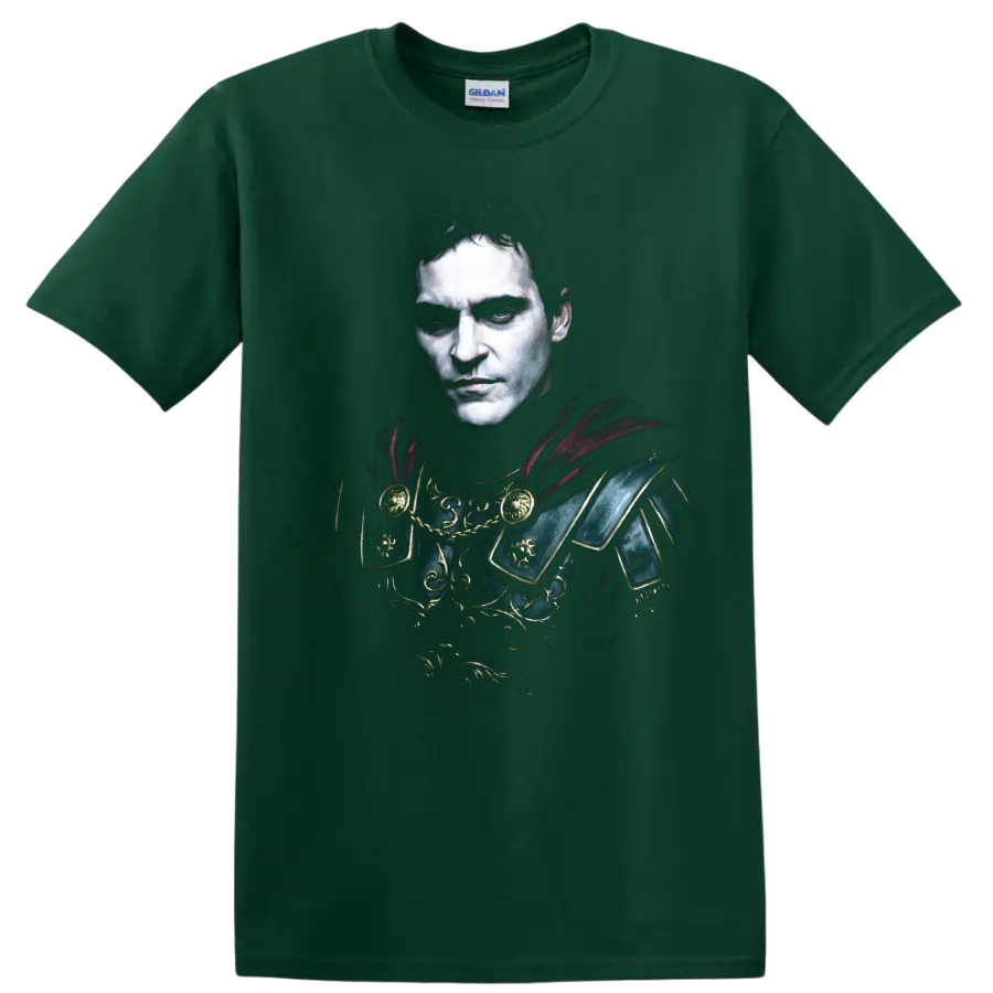 Commodus from Gladiator in ornate Roman armor portrait art on a Forest Green T Shirt