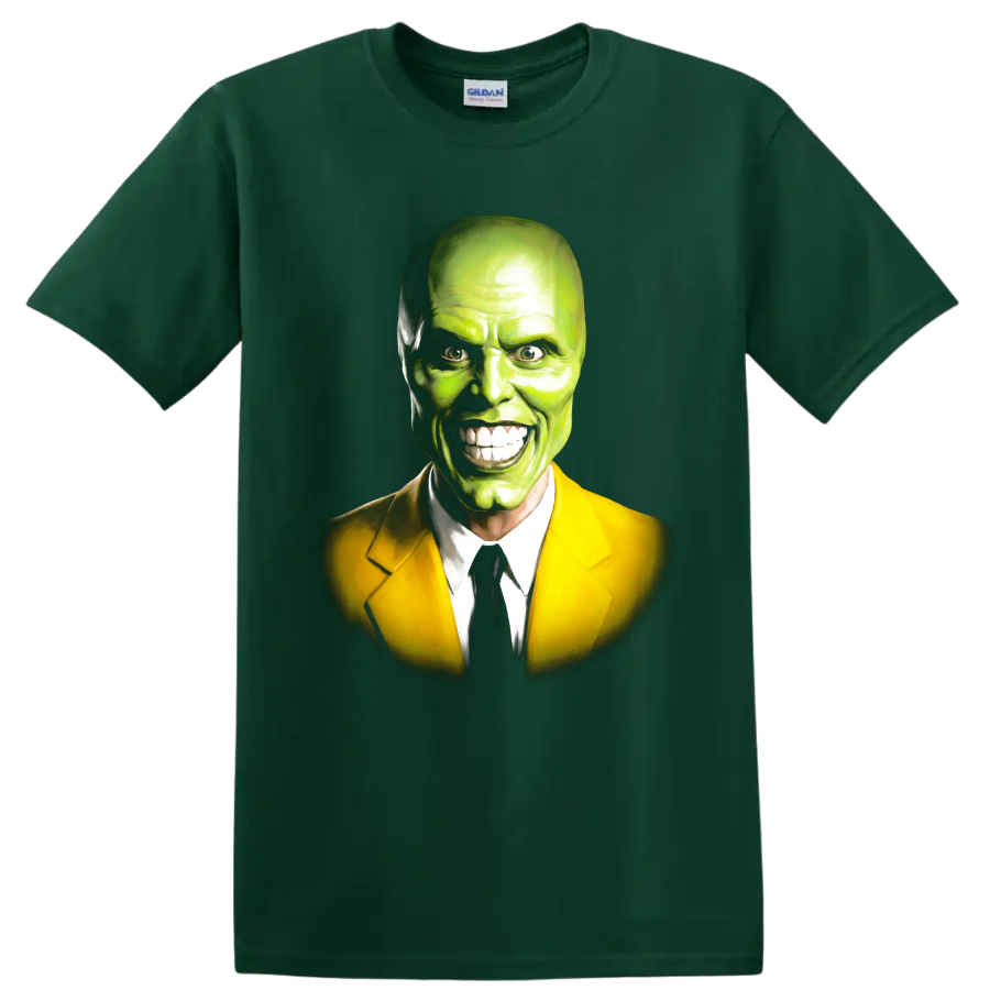 The Mask green face portrait in yellow suit graphic print on a Forest Green T Shirt