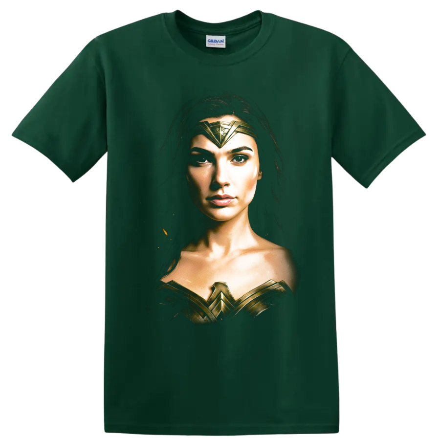 Wonder Woman portrait with gold armor and tiara graphic on a Forest Green T Shirt
