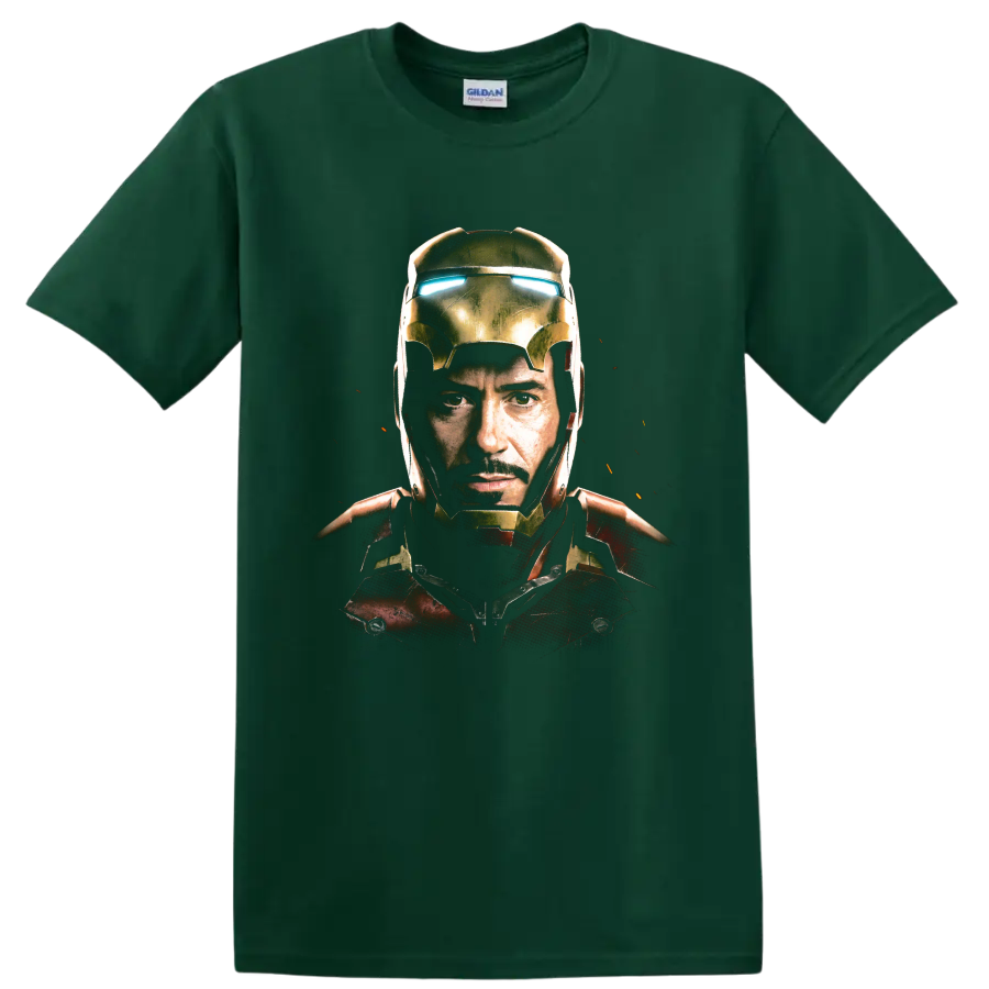 Tony Stark Iron Man armored portrait with glowing blue eyes on a Forest Green T Shirt