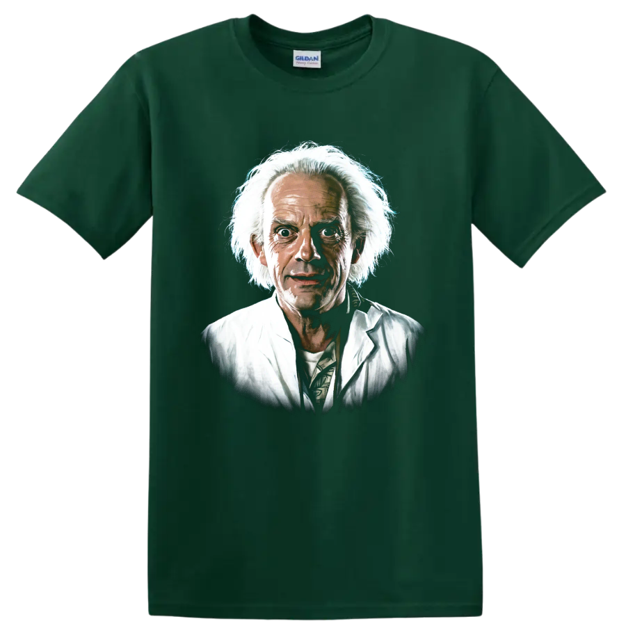Doc Brown portrait from Back to the Future in a painterly graphic style on a Forest Green T Shirt