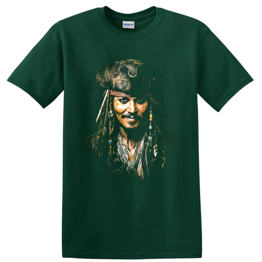 Jack Sparrow pirate captain portrait with dreadlocks and beads on a Forest Green T Shirt
