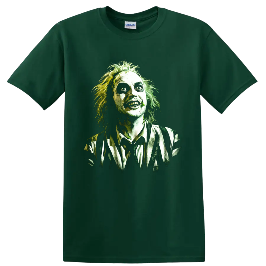 Beetlejuice gothic horror character portrait with wild hair and striped suit on a Forest Green T Shirt