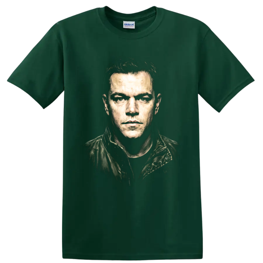Jason Bourne gritty portrait graphic from the Bourne film series on a Forest Green T Shirt