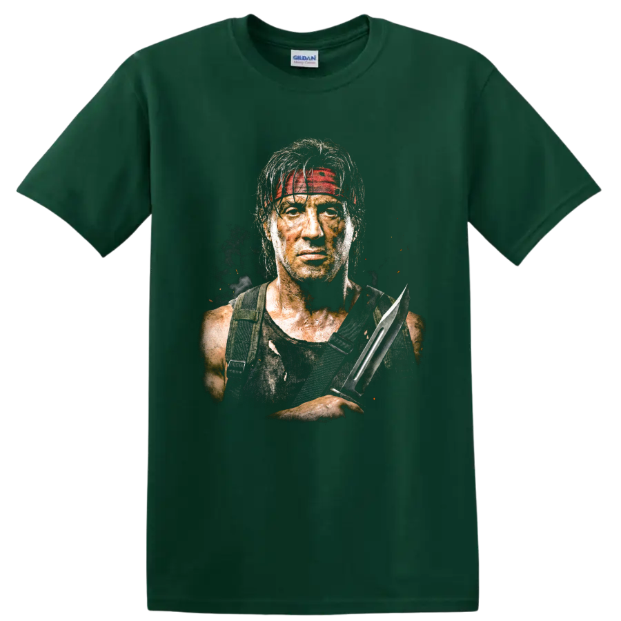 John Rambo portrait with red headband and combat knife graphic print on a Forest Green T Shirt