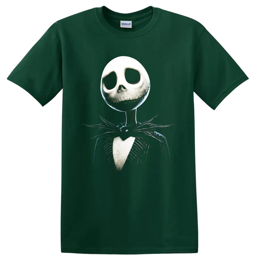 Jack Skellington in pinstripe suit gothic graphic print on a Forest Green T Shirt
