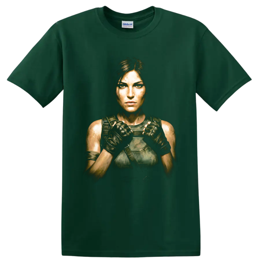 Lara Croft tactical adventure portrait graphic print on a Forest Green T Shirt