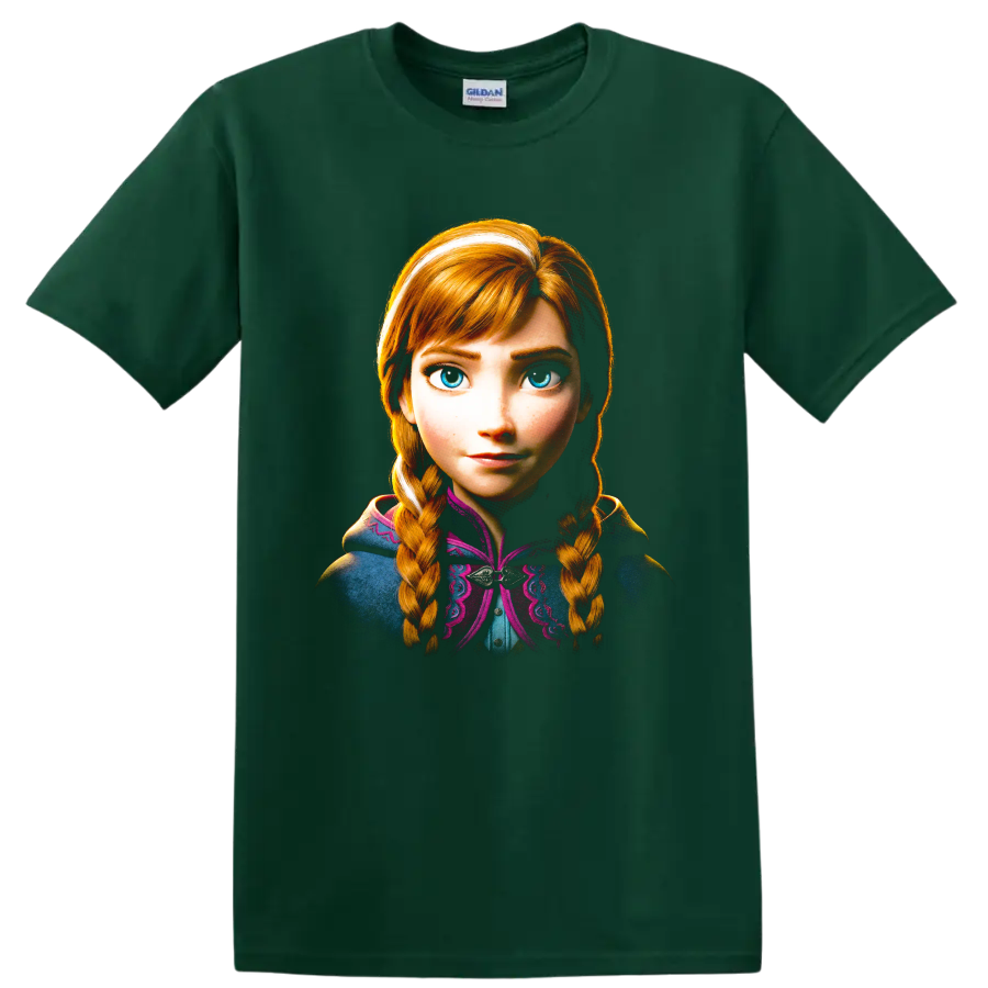 Anna from Frozen portrait with blue eyes and copper-red braided hair on a Forest Green T Shirt