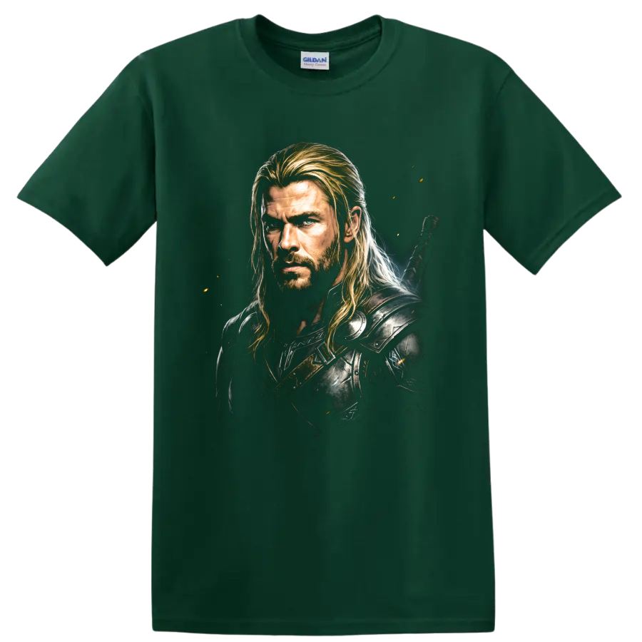 Thor warrior portrait in dark armor with cinematic fantasy artwork on a Forest Green T Shirt