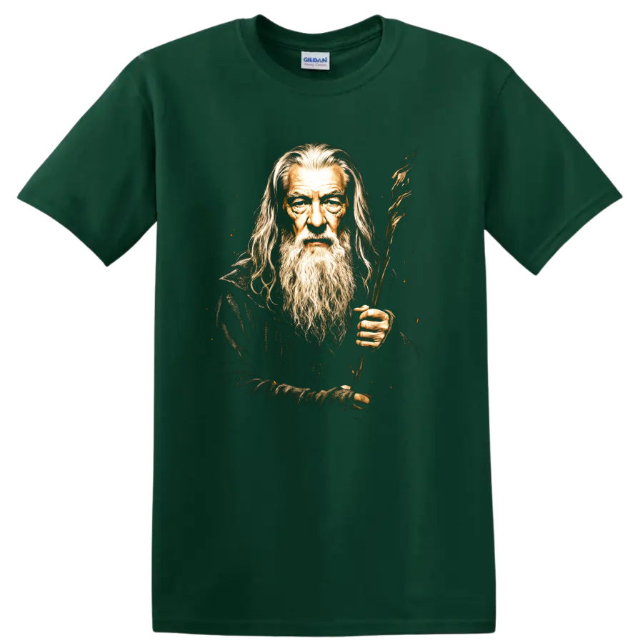 Gandalf wizard portrait with long beard and wooden staff fantasy graphic on a Forest Green T Shirt