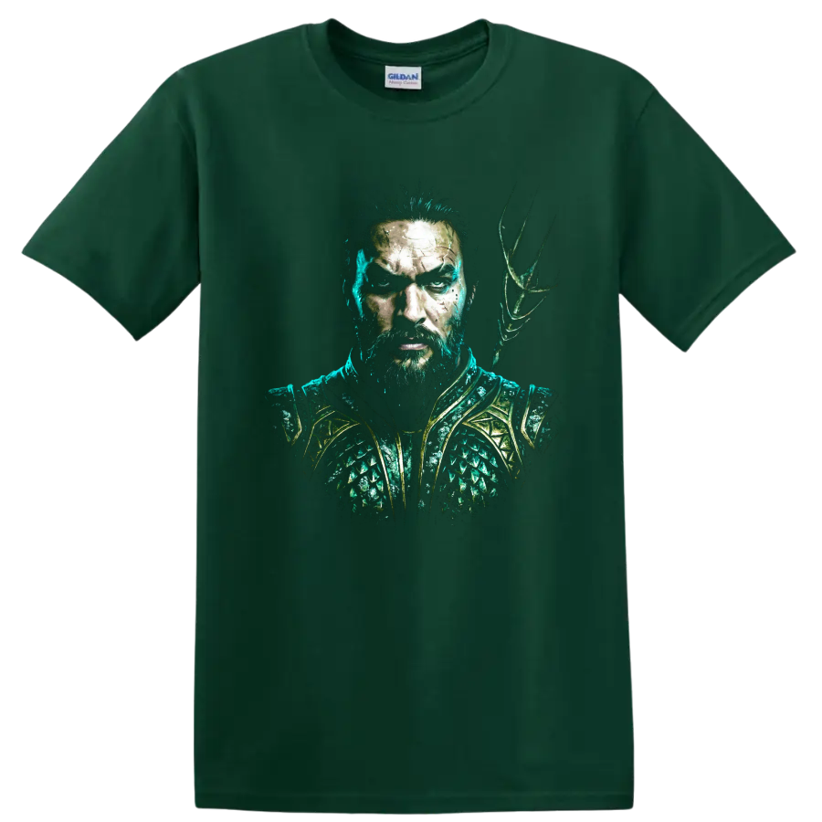 Aquaman comic-style warrior portrait with teal armor and trident on a Forest Green T Shirt
