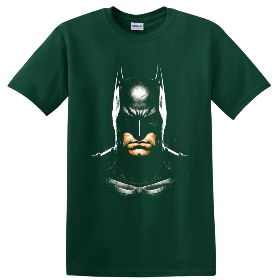 Batman masked vigilante portrait in gritty comic graphic style on a Forest Green T Shirt
