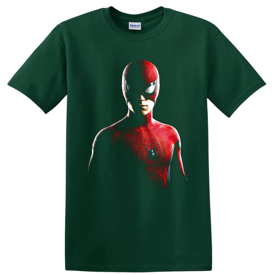 Spider-Man red masked portrait graphic with web details and spider emblem on a Forest Green T Shirt
