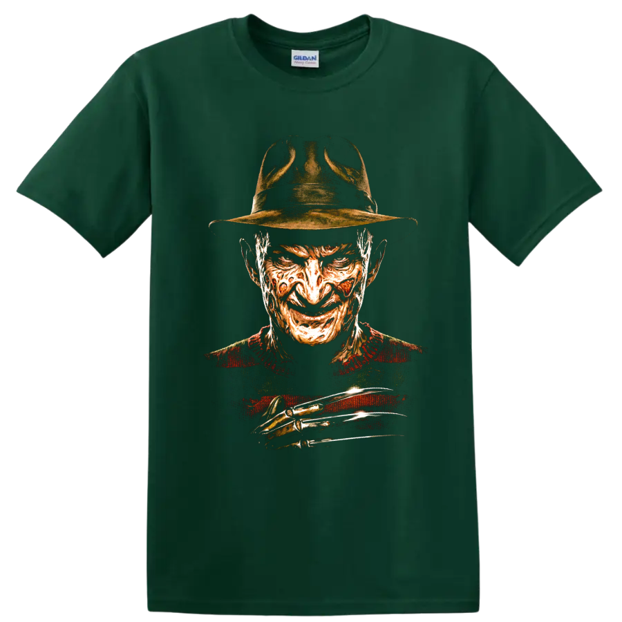 Freddy Krueger horror portrait with fedora and razor glove graphic on a Forest Green T Shirt