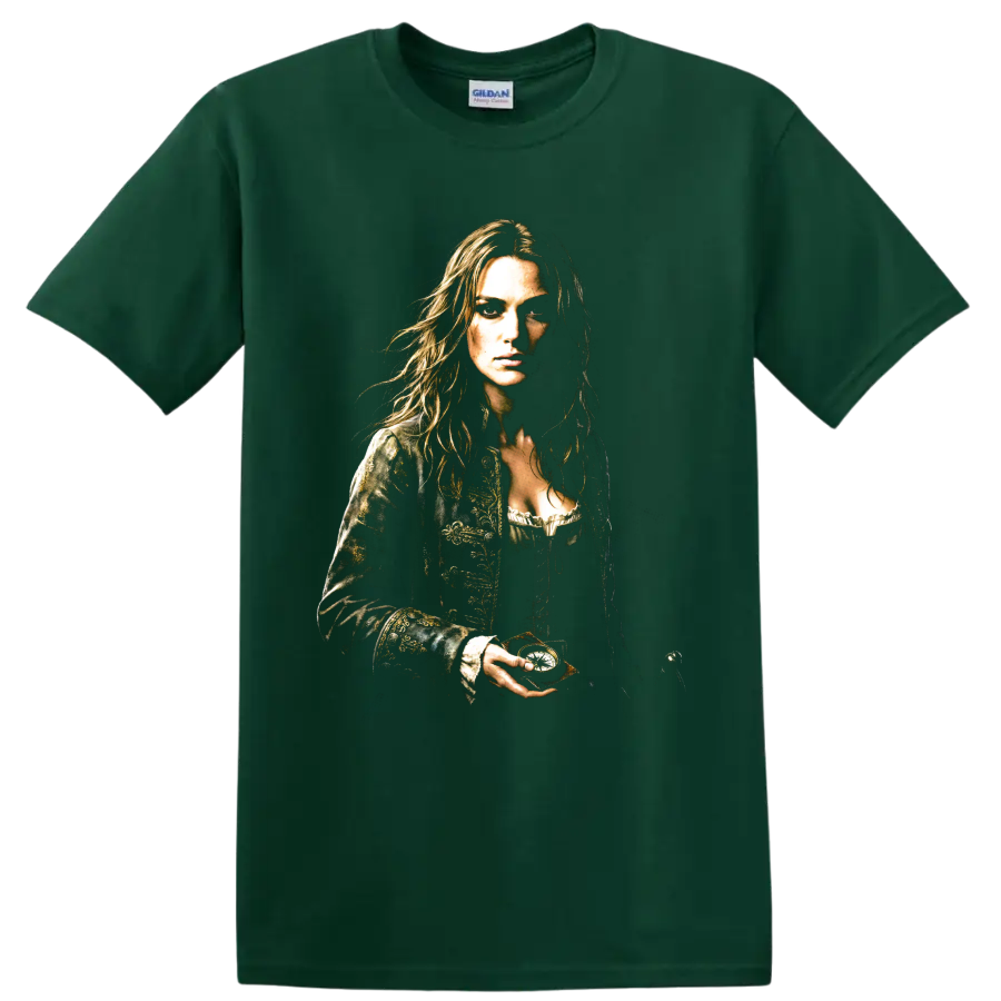 Elizabeth Swann pirate heroine portrait with ornate coat and dramatic shading on a Forest Green T Shirt