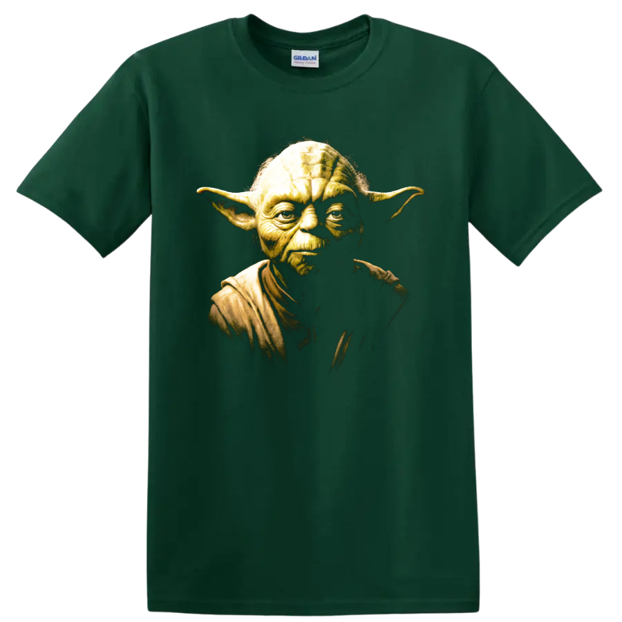 Yoda Star Wars portrait graphic with dramatic golden-green cinematic shading on a Forest Green T Shirt