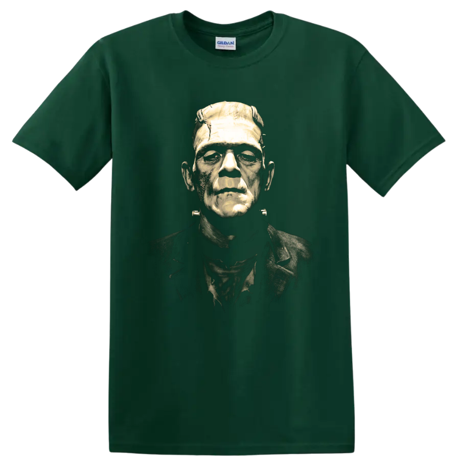Frankenstein's Monster distressed gothic horror portrait on a Forest Green T Shirt