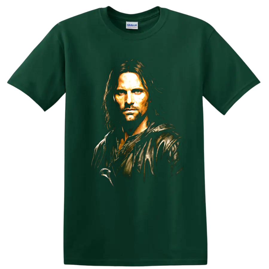 Aragorn fantasy ranger portrait graphic from The Lord of the Rings on a Forest Green T Shirt
