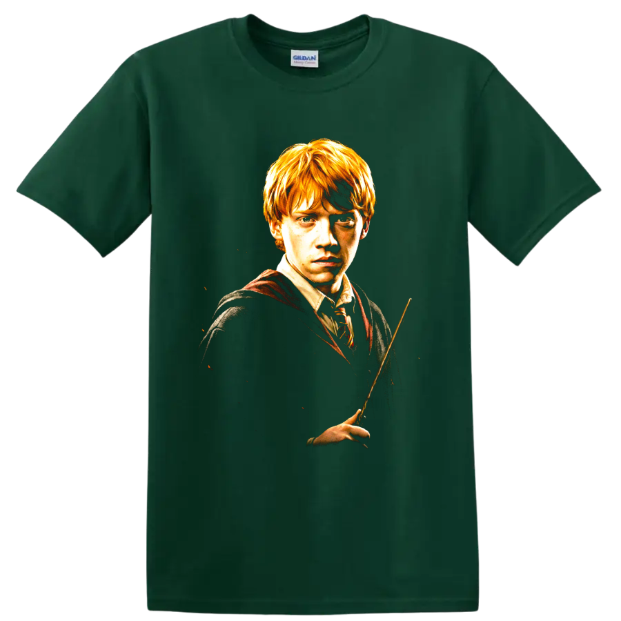 Ron Weasley wizard wand portrait graphic print on a Forest Green T Shirt